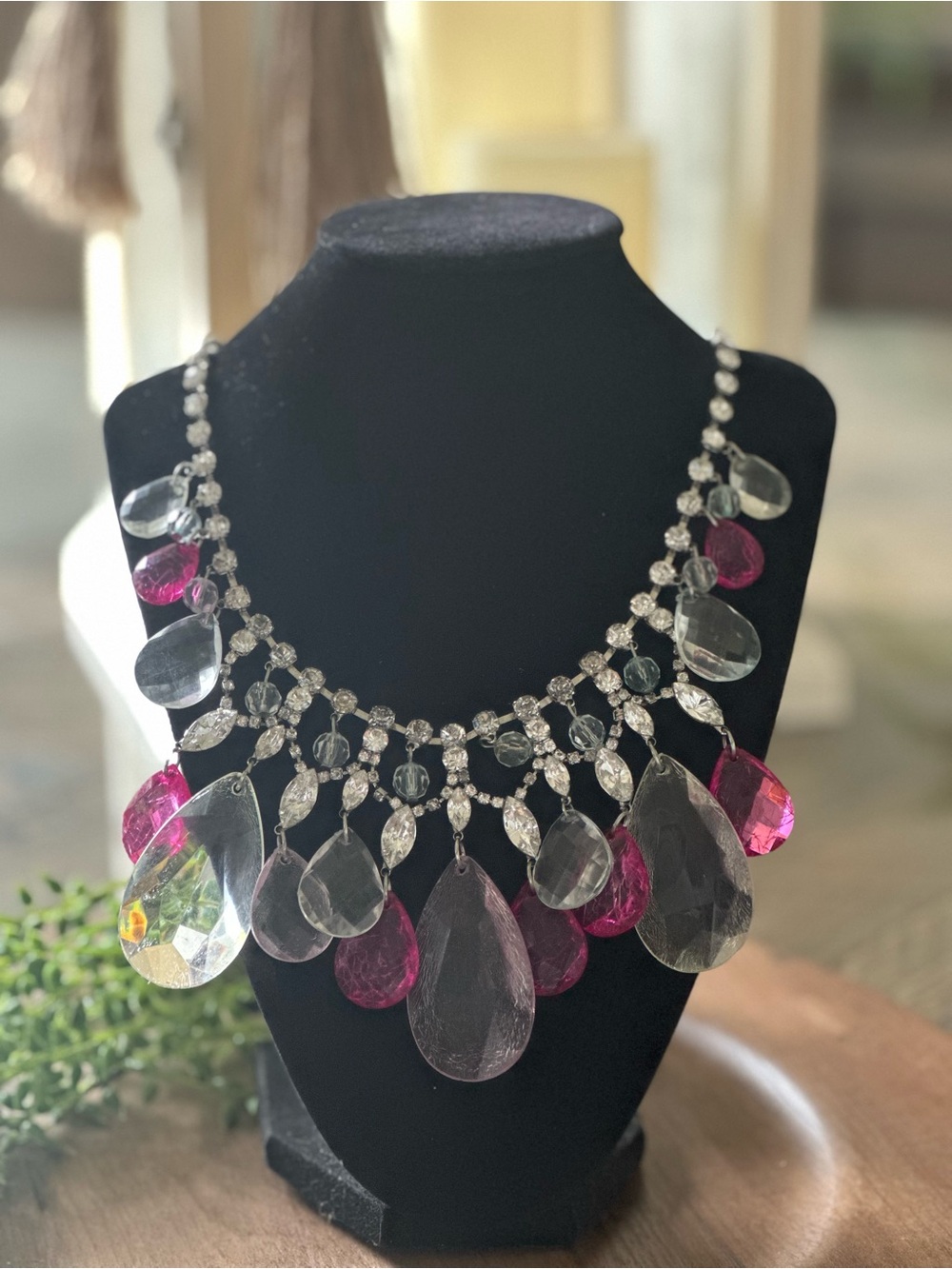 Retro 90's Rhinestone Bib Statement Necklace with Pink Clear Acrylic Dangles